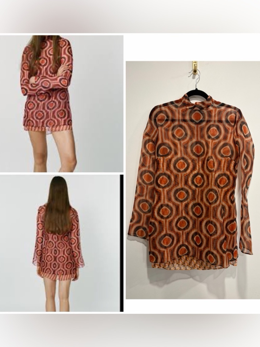 Zara Retro Geometric Mini Dress Sheer Mesh Brown Orange 70s Y2K Mock Neck Size S